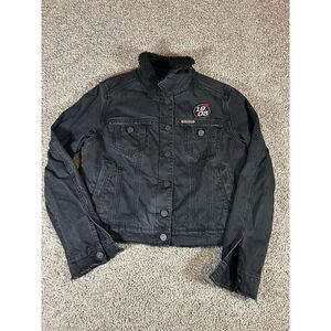 Harley Davidson Black Denim Sherpa Lined &‎ Collar Jacket Womens L  Patches Rare